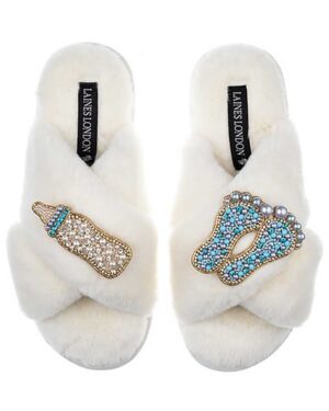 Laines London Slippers with New Baby Boy Brooches Cream