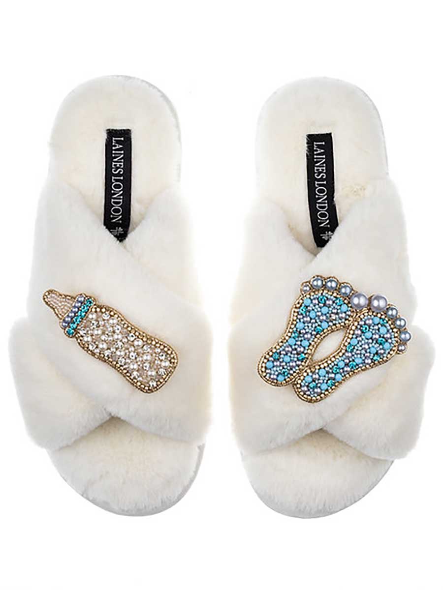 Laines London Slippers with New Baby Boy Brooches Cream