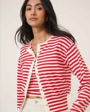 Nobody's Child Red Striped Waisted Crew Neck Cardigan
