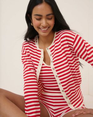 Nobody's Child Red Striped Waisted Crew Neck Cardigan