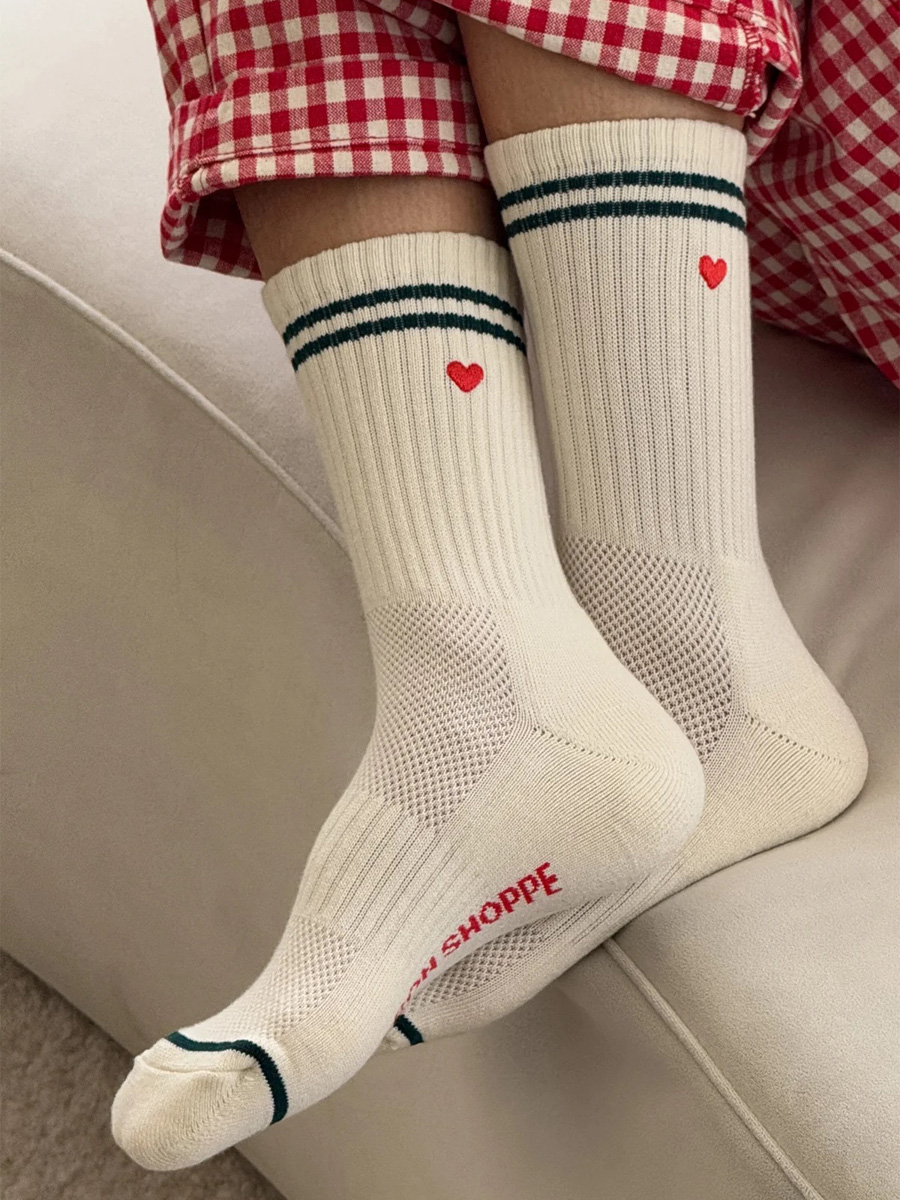Le Bon Shoppe Embroidered Boyfriend Socks Parchment + Heart