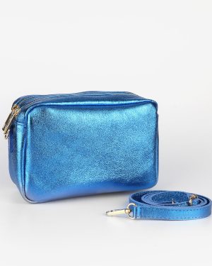 Naomi Italian Leather Crossbody Bag Metallic Blue